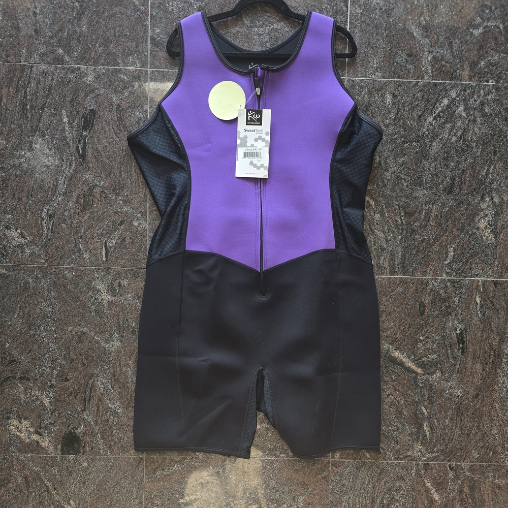 Neoprene Shorty Sweatsuit Romper in Purple & Black